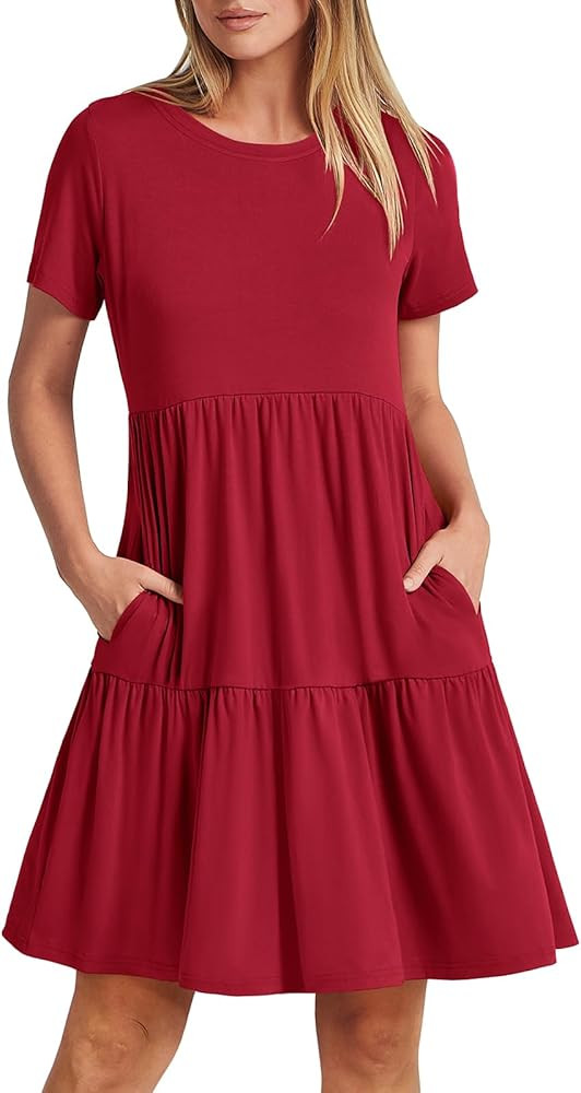 ANRABESS Women Summer Casual Dress Short Sleeve Crewneck Basic Swing Beach Mini Dresses 2024 Boho... | Amazon (US)