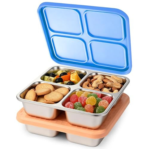 2 Pack Stainless Steel Snack Containers with Silicone Lids, Leakproof Bento Snack Boxes, Reusable 4 Compartment Metal Lunch Containers, Dishwasher Safe Food Storage for Meal Prep, Work & Travel (A) | Amazon (US)