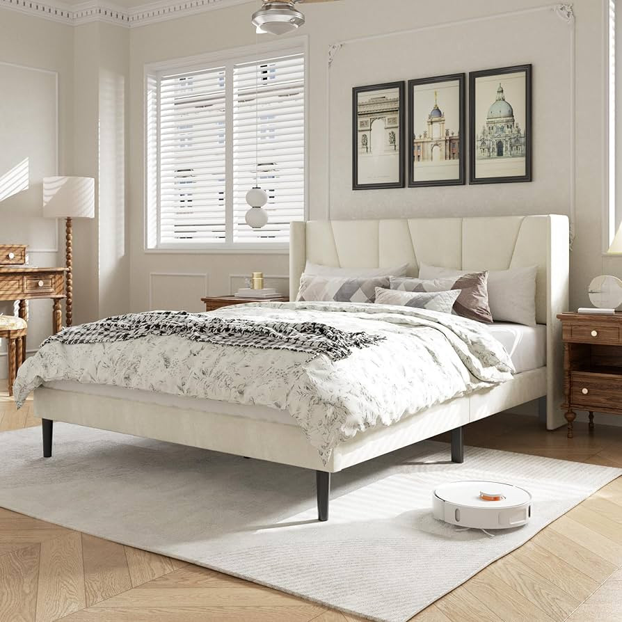 Queen Size Bed Frame with Headboard, Velvet Upholstered Platform Bed Frames, Contemporary Mattres... | Amazon (US)