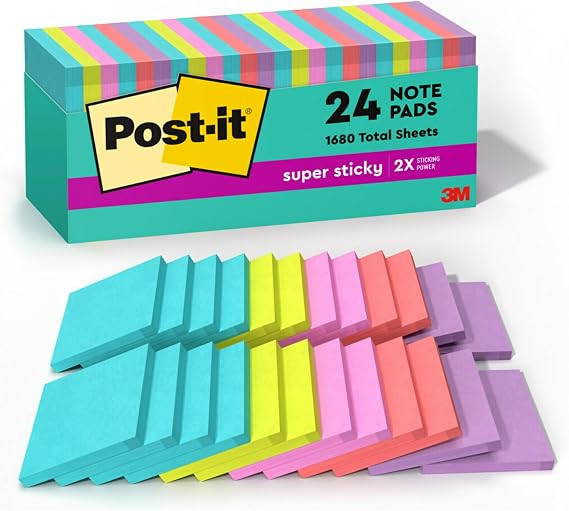 Post-it Super Sticky Notes, 3 x 3 in, Supernova Neons, 24 Pads | School Supplies and Oﬃce Suppl... | Amazon (US)