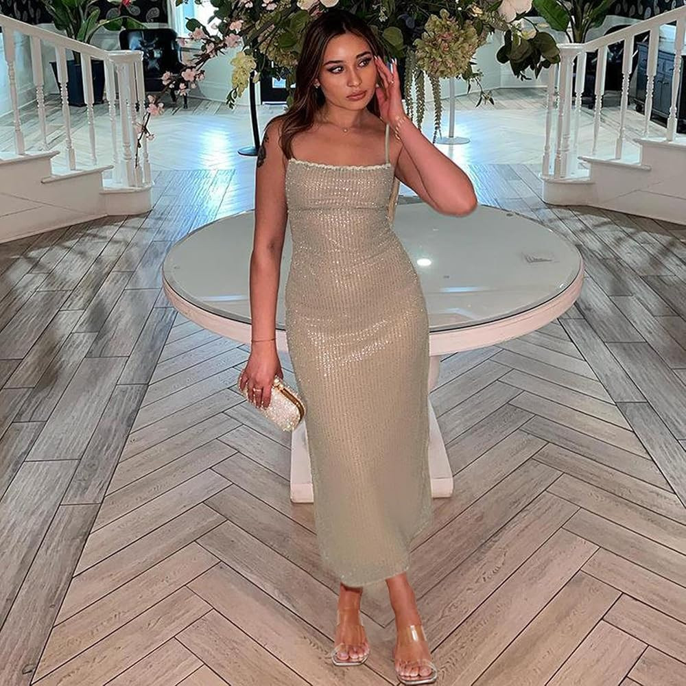 Women's Sequins Midi Dress Sexy Back Slit Spaghetti Strap Bodycon Long Dress Summer Sparkly Party... | Amazon (US)