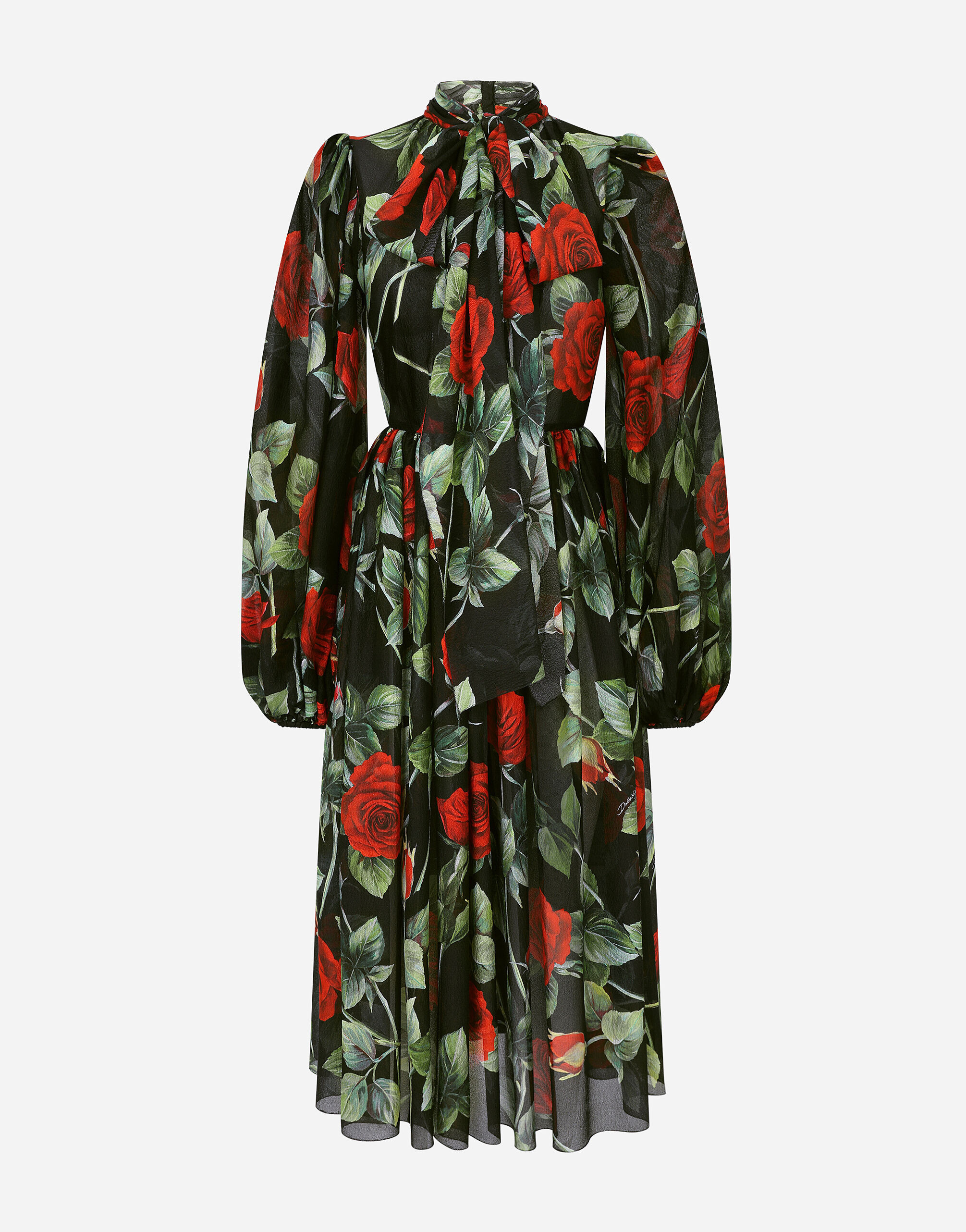 Textured chiffon calf-length dress with pussy-bow and rose print | Dolce & Gabbana