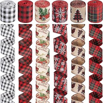 6 Rolls Christmas Wired Ribbons 2.5 Inch x 24 Yards Buffalo Red White Black Plaid Ribbons Vintag... | Amazon (UK)