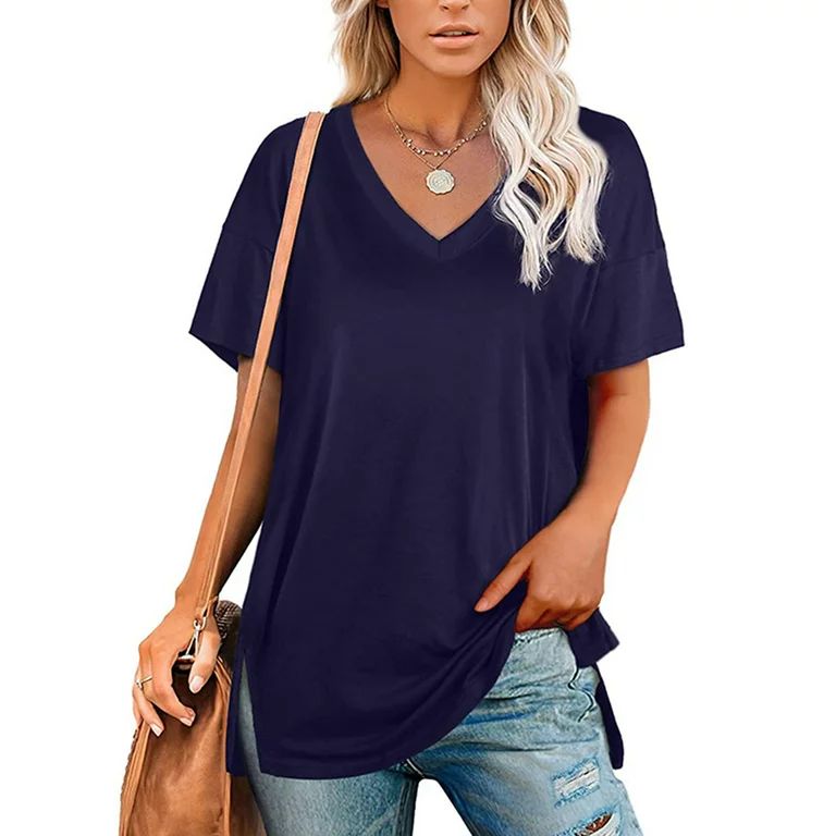 Niuer Womens Summer V Neck Tops Short Sleeve Casual Tunic Shirts Loose Fit Solid Color Blouses To... | Walmart (US)