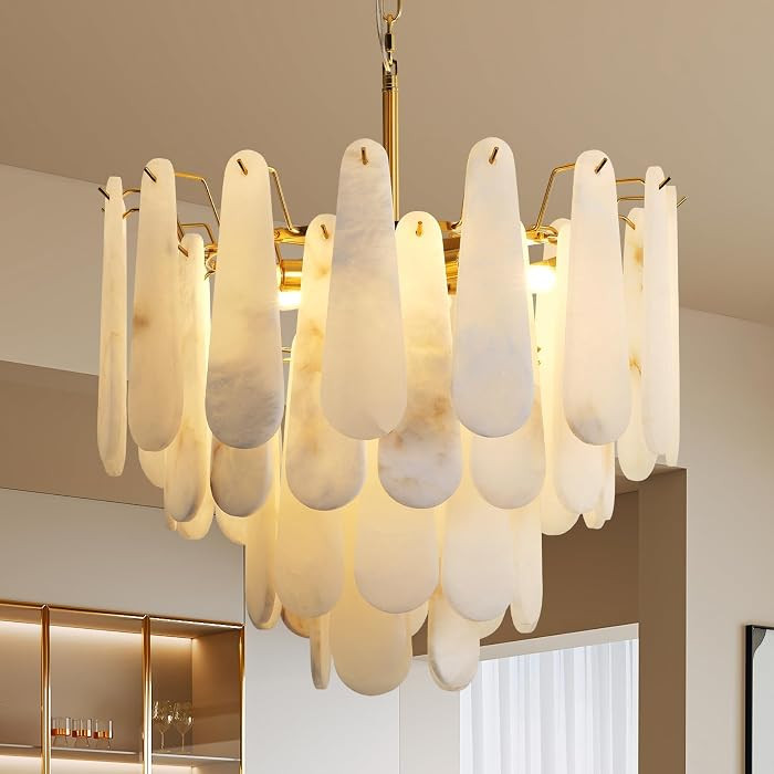 Alabaster Chandelier, D23.6in Modern Alabaster Round Dining Room Chandelier, 4-Tiers Luxury Natural Stone Ceiling Light Fixture, White Marble Chandeliers for Living Room Bedroom Foyer Entryway Kitchen | Amazon (US)