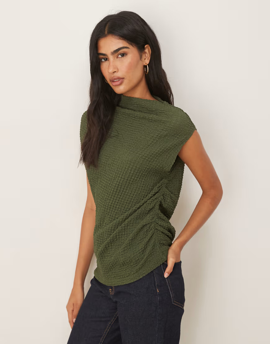 ASOS DESIGN textured ruched side asymmetric tee in khaki-Green | ASOS (Global)