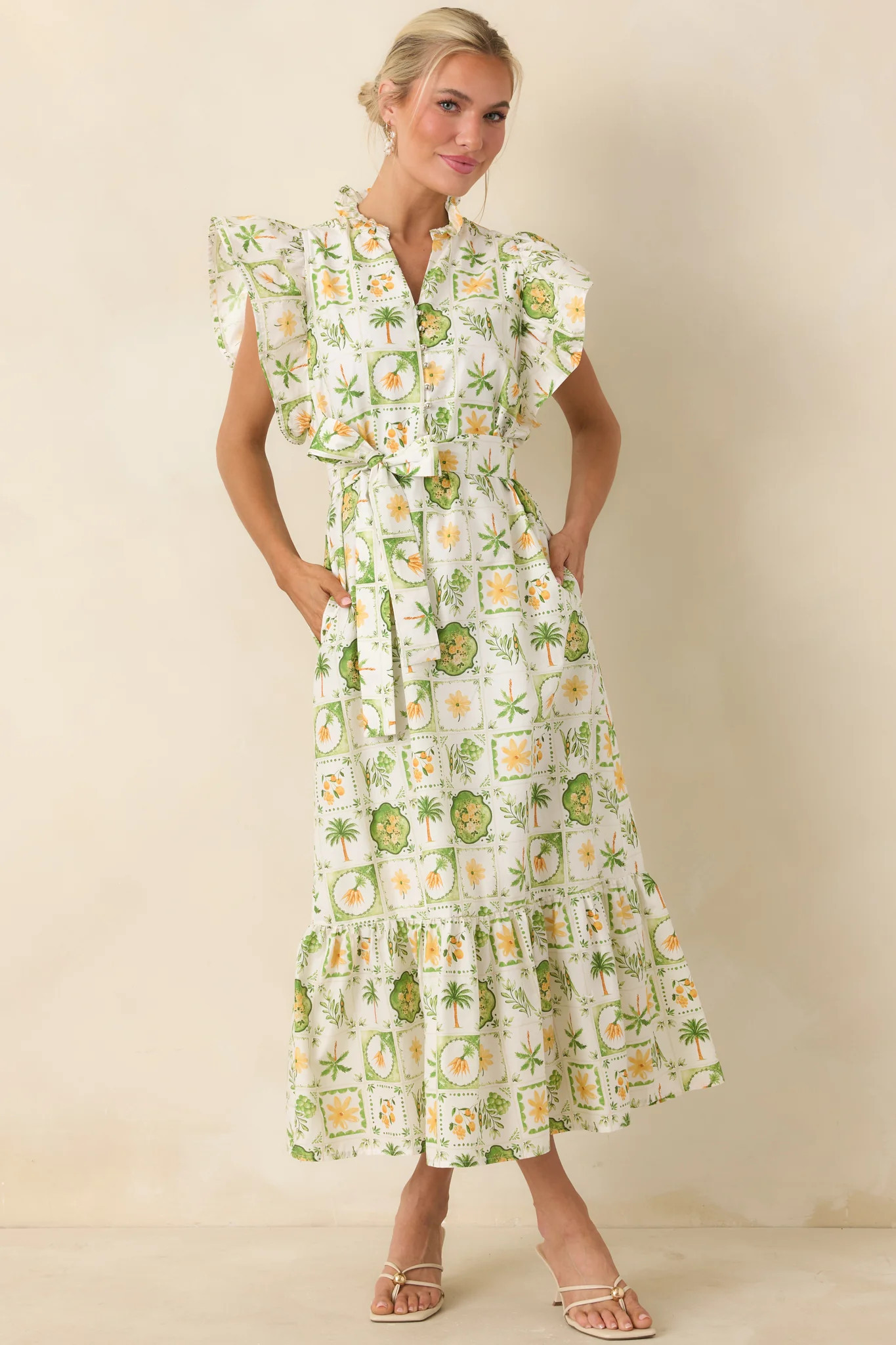 Somewhere Sunny Green Multi Cotton Ruffle Maxi Dress | Red Dress