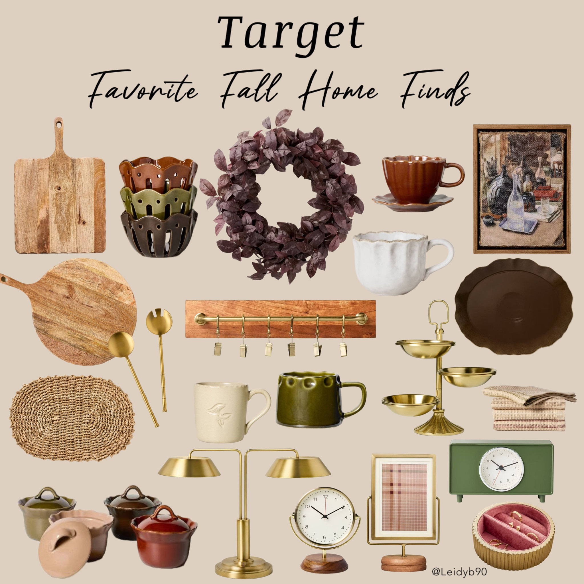Hearth and Hand Fall Collection 🍂 Target fall decor, wood board, kitchen rail, clock, ring tray, brass gold lamp, office lamp, fall wreath, wooden board, table mat, fall, home decor 

#LTKHome #LTKFindsUnder50 #LTKSeasonal