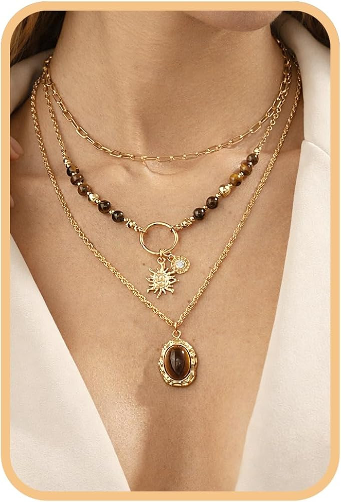 Gold Tiger Eye Layered Necklace Set for Women, Western Boho Leather Choker | Amazon (US)