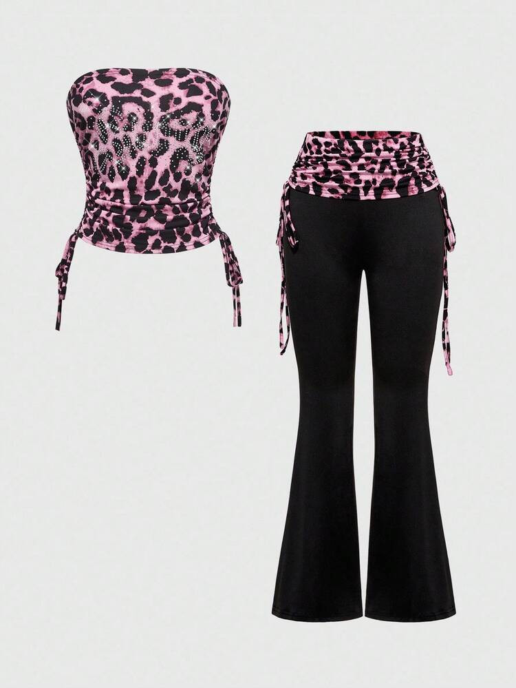 ROMWE 2pcs Women's Sexy Outfit - Rhinestone Letter & Leopard Print Strapless Crop Top And Drawstring Pants Set | SHEIN