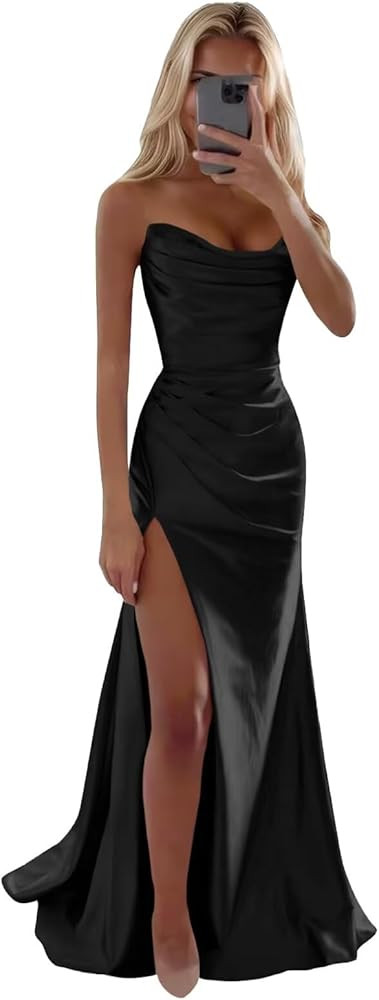Women’s Prom Dresses with Slit Black Long Pleated Strapless Satin Mermaid Formal Evening Gown B... | Amazon (US)