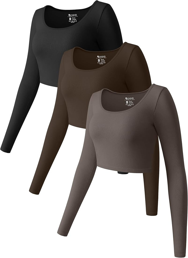OQQ Women's 3 Piece Crop Tops Long Sleeve Round Neck Stretch Fitted Underscrubs Shirts Crop Tops | Amazon (US)