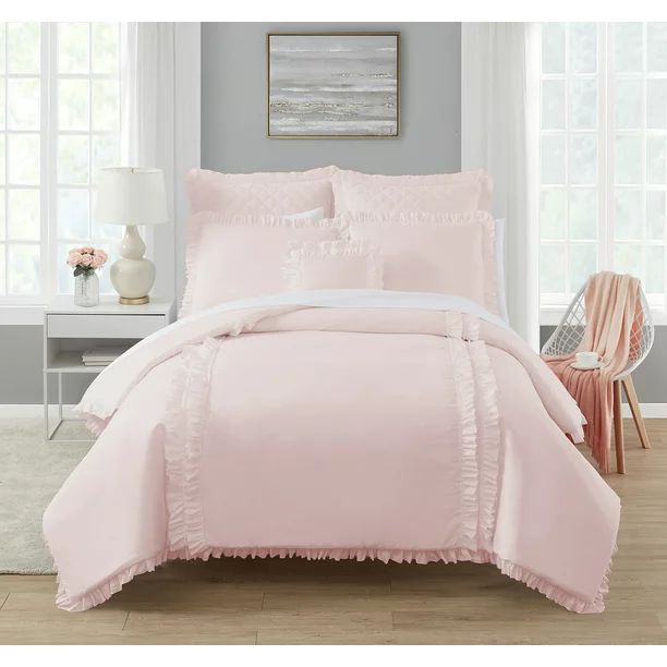 Simply Shabby Chic Reversible Pink Ruffle 4-Piece Comforter Set + Decorative Pillow, Full/Queen | Walmart (US)