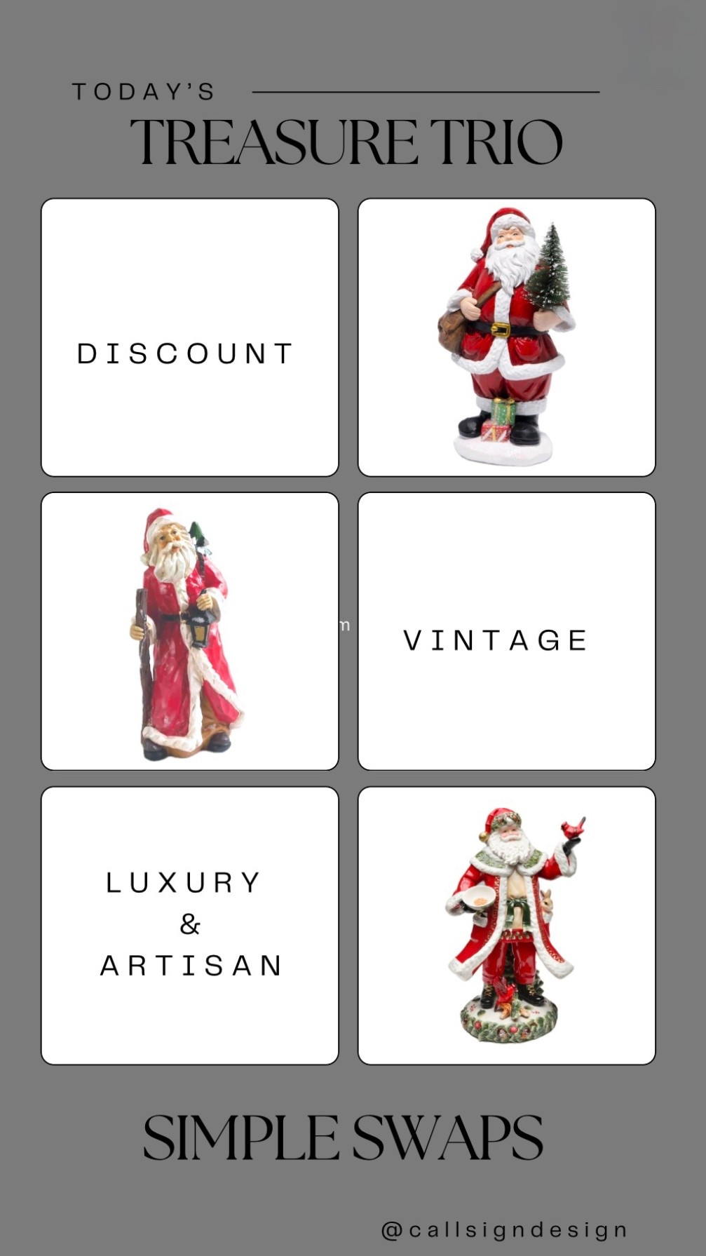 Add a touch of magic to any space with these beautiful Santa Figurines. They bring tradition and old world charm to the holiday season! ❤️🎅🏻

#Christmas #ChristmasDecor #WhiteChristmas #TraditionalChristmas #VintageChristmas #CallSignDesign #Vintage #Luxury #InteriorDesign #InteriorDecorating #Elegance #Chandelier #OldWorldCharm #DesignStyle #CastleCore #OldWorldCharm  #SimpleSwaps