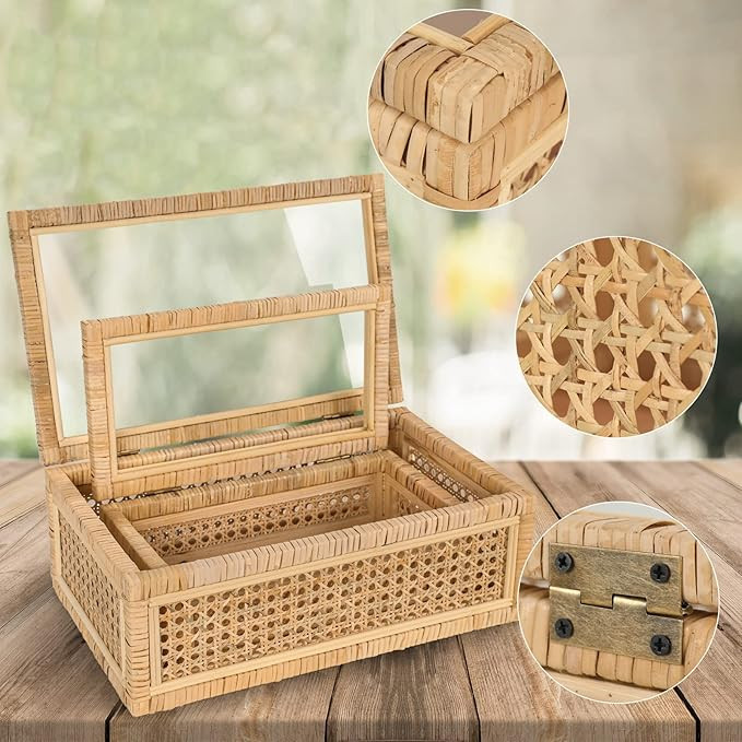 Handwoven Boho Rattan Display Boxes with Glass Lids - Set of 2 Rectangular Decorative Storage Bin... | Amazon (US)