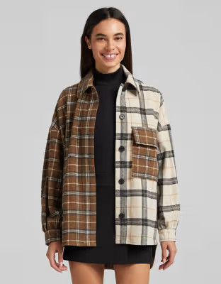 Bershka mixed plaid spliced shacket in brown | ASOS (Global)