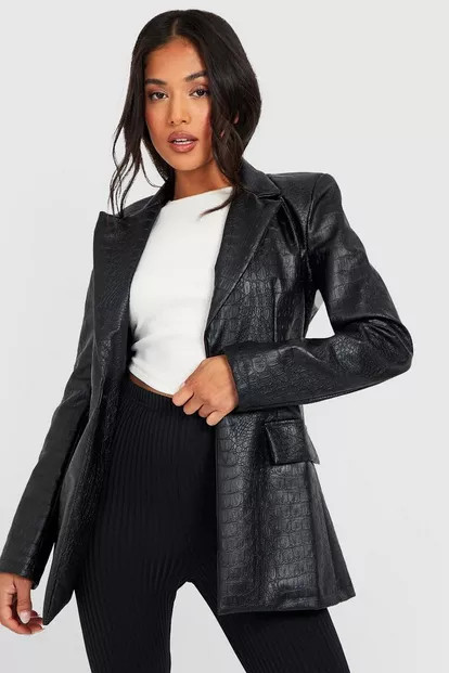 Petite Croc Pu Single Breasted Blazer | Boohoo.com (US & CA)