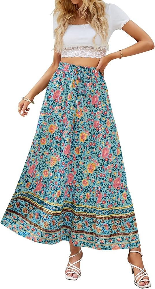 ZESICA Women's 2025 Summer Bohemian Floral Printed Elastic Waist A Line Maxi Skirt with Pockets | Amazon (US)