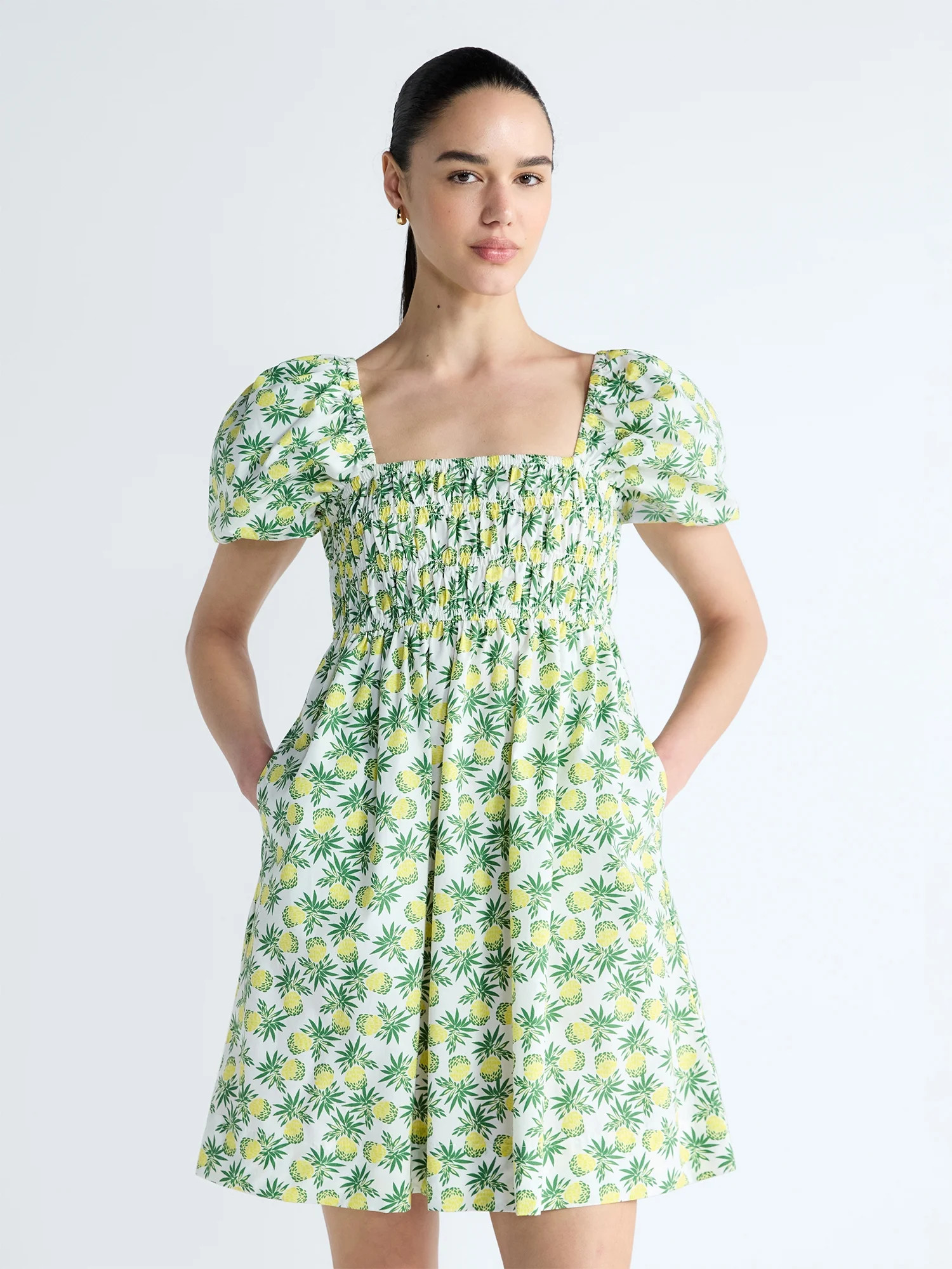 Free Assembly Women's and Women's Plus Smocked Cotton Peasant Mini Dress with Puff Sleeves, Sizes... | Walmart (US)