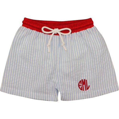 Blue And Red Seersucker Swim Trunks - Shipping Mid May | Cecil and Lou