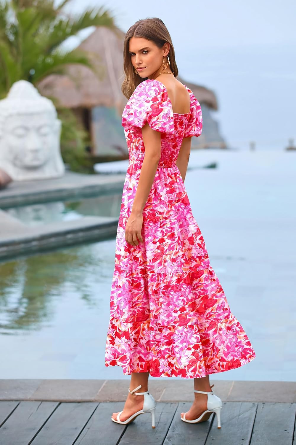 PRETTYGARDEN Women's Casual Summer Midi Dress Puffy Short Sleeve Square Neck Smocked Tiered Ruffl... | Amazon (US)