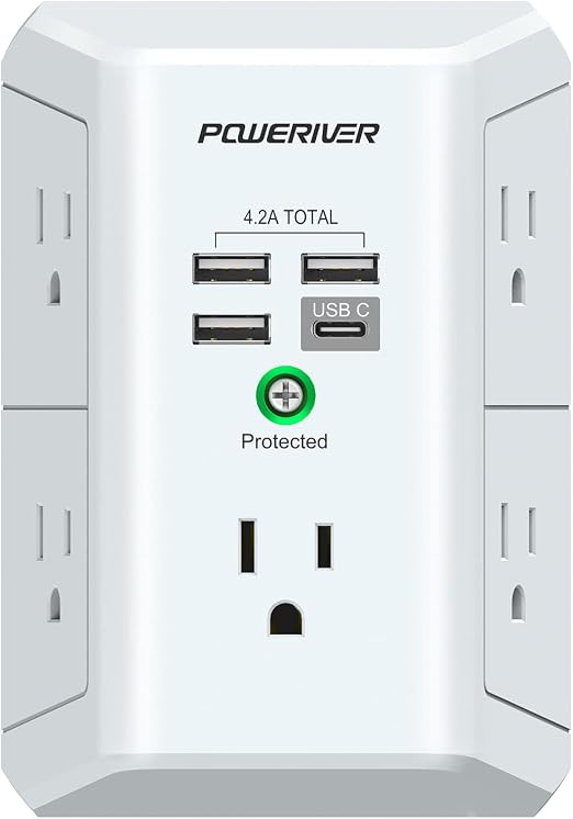 USB Wall Charger,POWERIVER Multi Outlet Extender Surge Protector with 4 USB Ports(1 USB C,4.2A To... | Amazon (US)