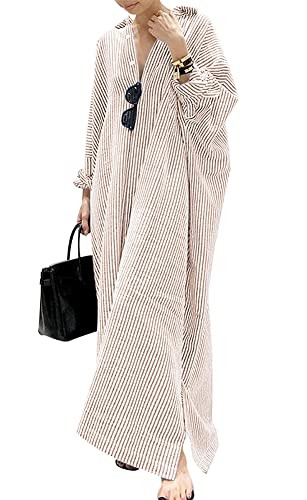 chouyatou Women's Casual Long Sleeve Button Down Loose Striped Cotton Maxi Shirt Dress (2X-Large,... | Amazon (US)