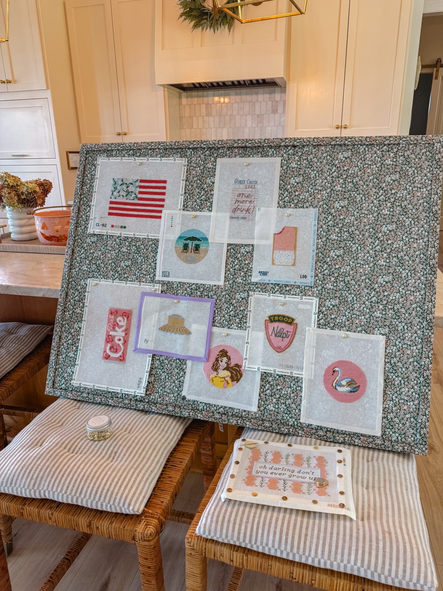 Giant floral fabric pin board to hold all my needlepoint canvases 😍 

#LTKFamily #LTKFindsUnder100 #LTKHome