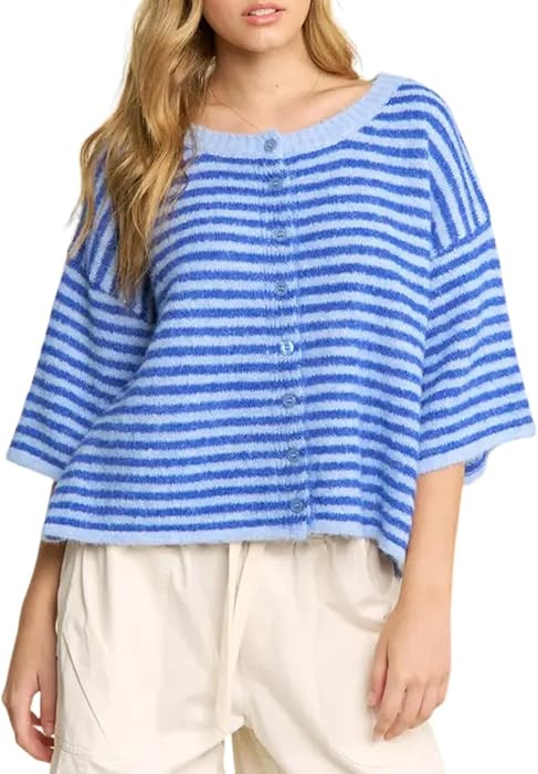 Women's Striped 3/4 Sleeve Button Knit Cardigan Sweater | Amazon (US)