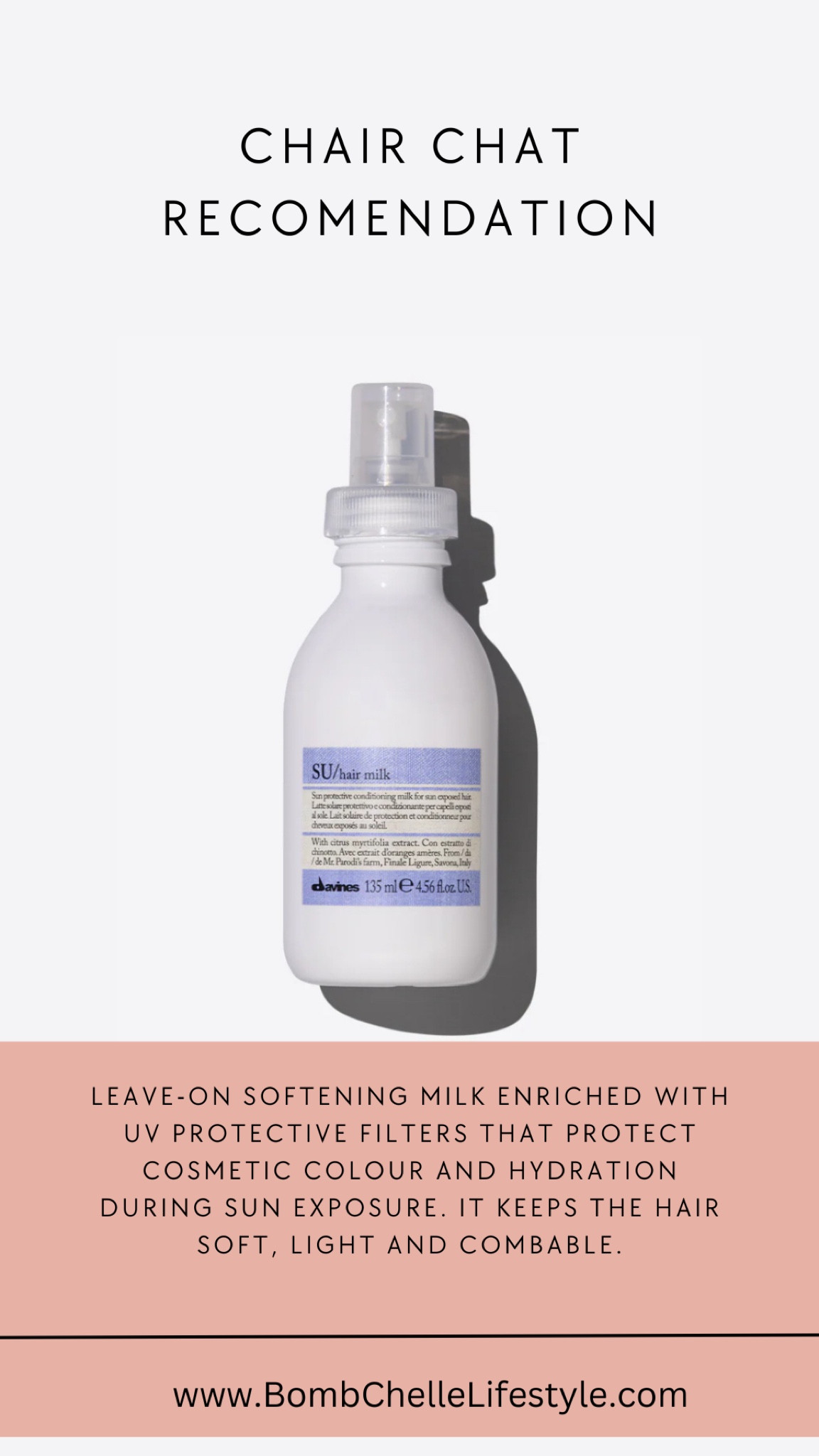 I call this hair insurance.

Leave-on softening milk enriched with UV protective filters that protect cosmetic colour and hydration during sun exposure. It keeps the hair soft, light and combable.