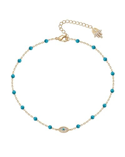PAVOI 14K Yellow Gold Plated Beaded Hamsa Anklet With Evil Eye Charm for Women | Dainty Anklet with Turquouise Enamel Beads | Amazon (US)