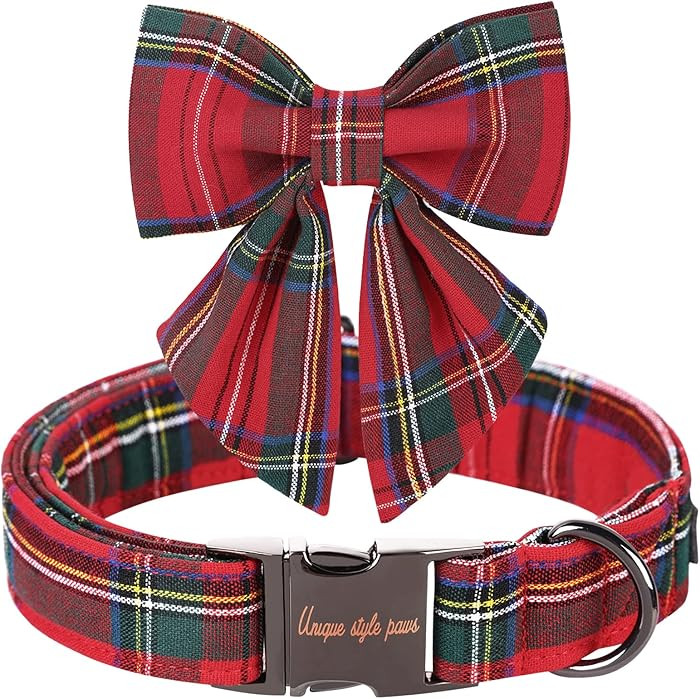 Unique style paws Christmas Dog Collar with Bow Tie Red Plaid Puppy Collar for Small Medium Large... | Amazon (US)