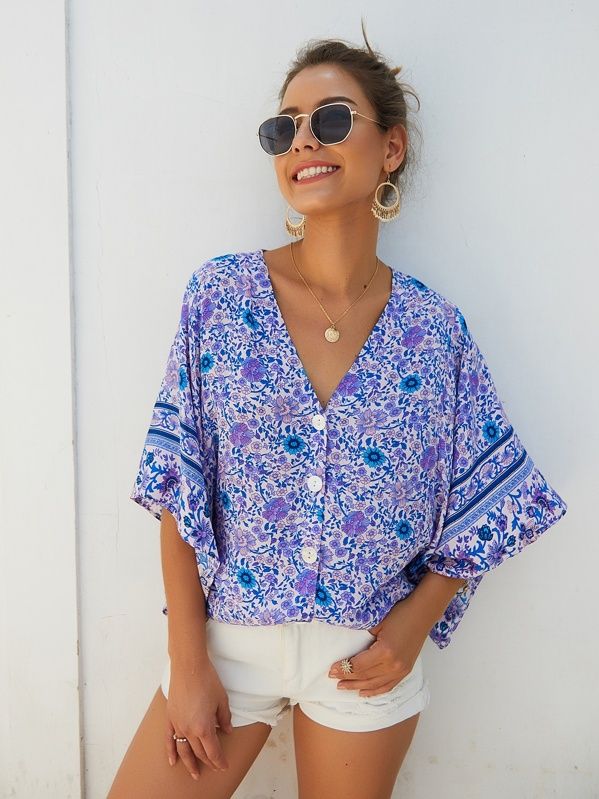 Ditsy Floral Print Button Front Batwing Sleeve Blouse | SHEIN