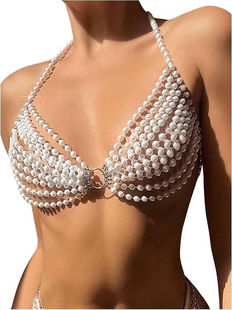 WDIRARA Women's Pearl Beaded Halter Bikini Top Sleeveless Backless Beach Cover Up Tops | Amazon (US)