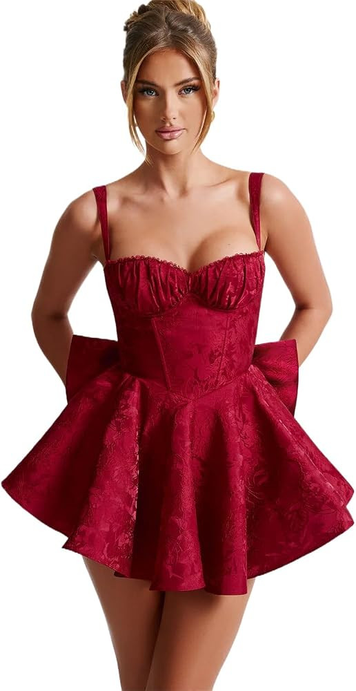 TIRAS Sexy Satin Bow Mini Dress Sweetheart Corset Cocktail Dress Floral Jacquard Party Prom Dress | Amazon (US)