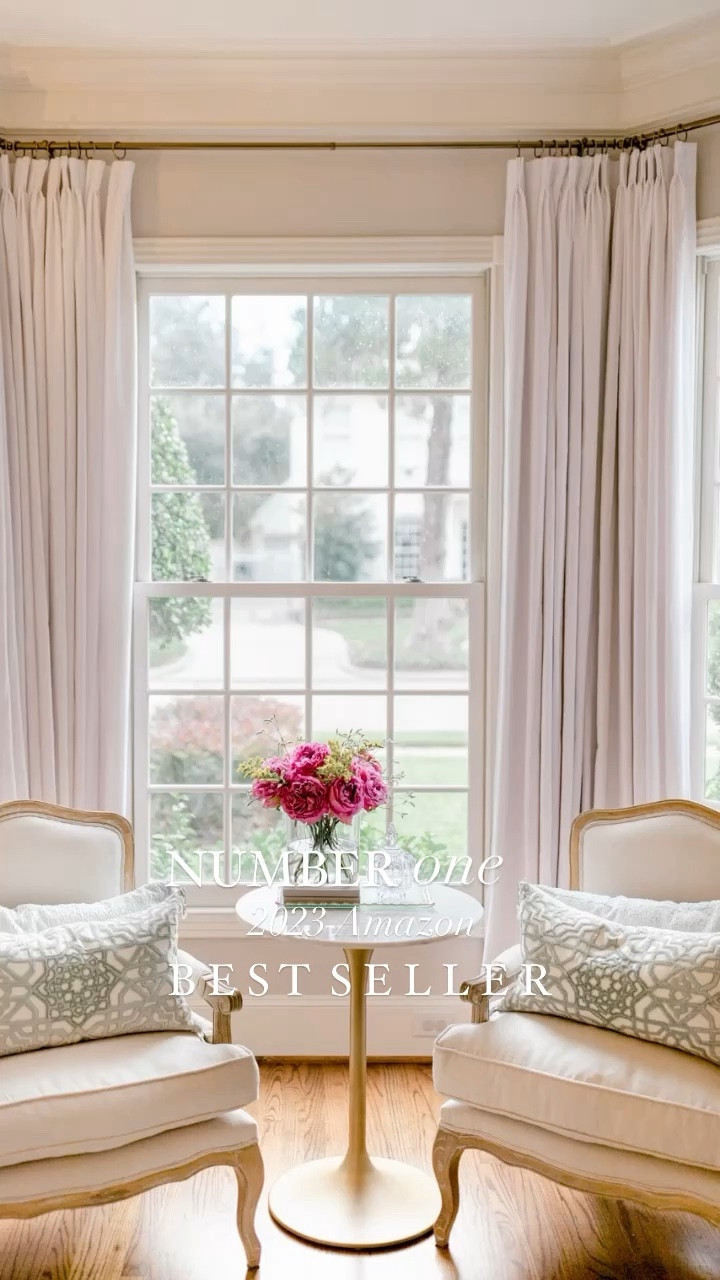 Amazon Pinch Pleat drapes:

Formal Living Room Bay Window Drapes:
🔹Collection: Isabella
🔹 color: Paperwhite
🔹 header: triple pinch pleat
🔹 liner: privacy liner 
🔹 2 outer panels: 50in W x 108in L / 2 inner panels: 75in W x 108in L
🔹 no memory training/no tie backs

Formal Dining Room Drapes:
🔹Collection: Isabella
🔹color: Paperwhite
🔹 header: pinch pleat
🔹 liner: privacy liner 
🔹 each panel: 52in W (2 panels per window) x 108 in L
🔹 no memory training/no tie backs

Guest Room Bay Window Drapes:
🔹Collection: Liz Linen
🔹color: Ivory White
🔹 header: pinch pleat
🔹 liner: room darkening liner
🔹 2 outer panels: 56in W x 96in L / 2 inner panels: 75in W x 96in L
🔹no memory training/no tie backs

I use the 2in rings for all of my drapery


#LTKstyletip #LTKhome #LTKVideo