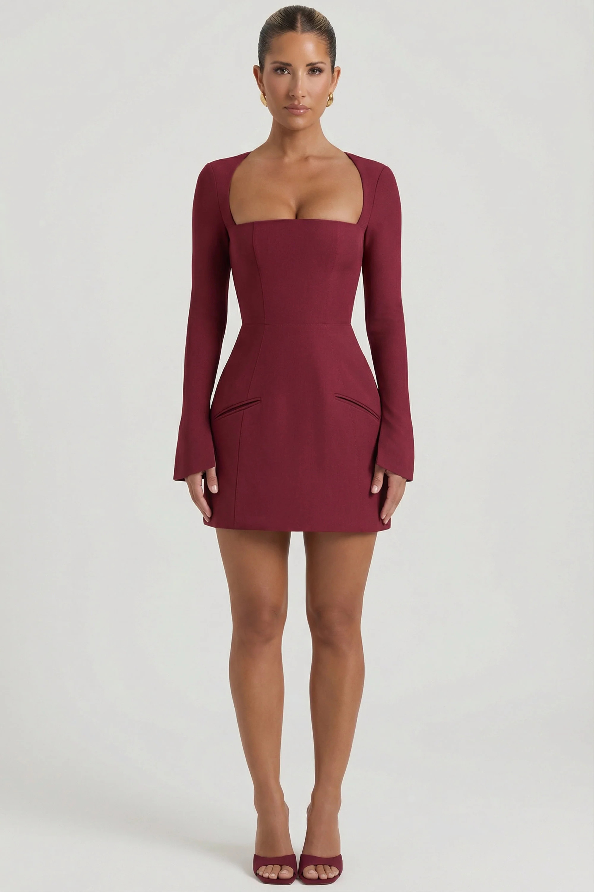 Square-Neck Structured Tulip Mini Dress in Wine Red | Oh Polly