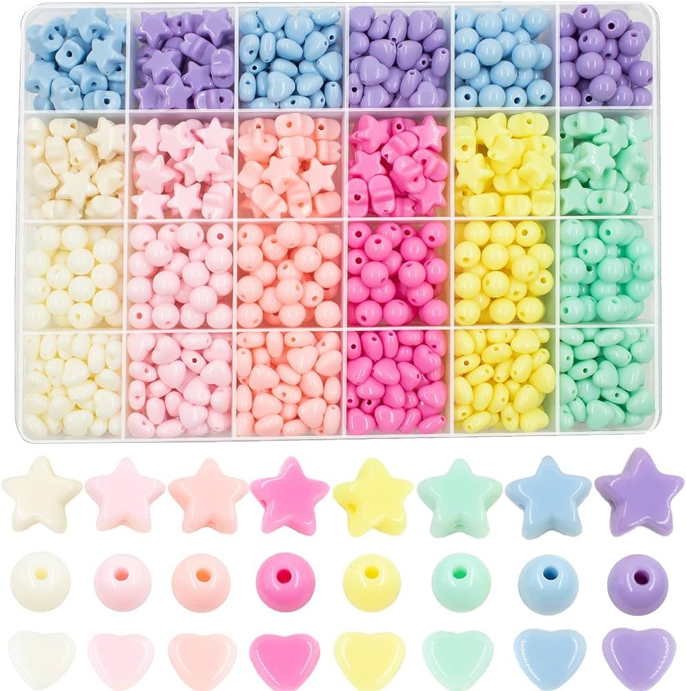 720Pcs Candy Color Acrylic Heart Beads Star And Round Beads, Colorful Assorted Plastic Pastel Cir... | Amazon (US)