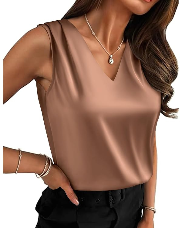 Zeagoo Women's Silk Satin Camisole Tank Tops V Neck Pleated Dressy Casual Sleeveless Blouses Summ... | Amazon (US)
