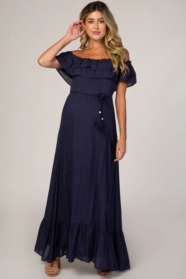 Navy Blue Off Shoulder Tassel Tie Maternity Maxi Dress | PinkBlush Maternity