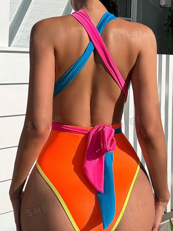 Deep V Neck Color Block One Piece Swimsuit Carnival | SHEIN