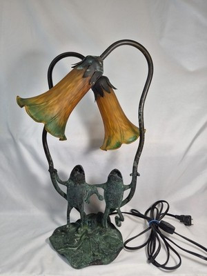 Double Lily Green/Amber Handpainted Glass Accent Frogs Lamp Tiffany Style *Read | eBay US