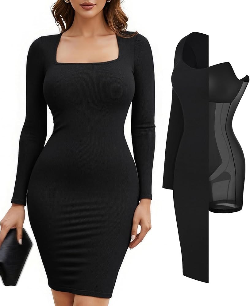 Popilush Dress Long Sleeve Midi Bodycon Dresses for Women Square Neck Shapewear Tummy Control Bui... | Amazon (US)