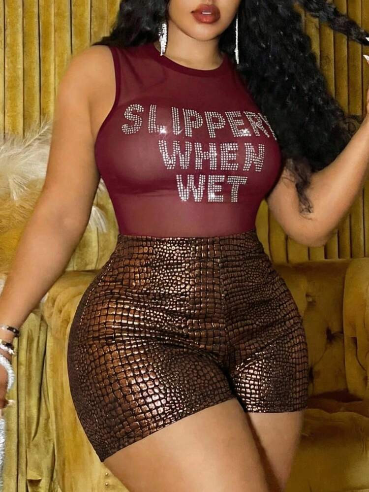 Slaydiva 2025 Autumn/Winter New Arrival Elegant & Party & Gathering & Date & Music Festival & Casual Wear & Street Style High-Waisted Slim Solid Black Super Short Pants, Snake Skin Texture, Stretchy Knit Fabric, Plus Size Women | SHEIN