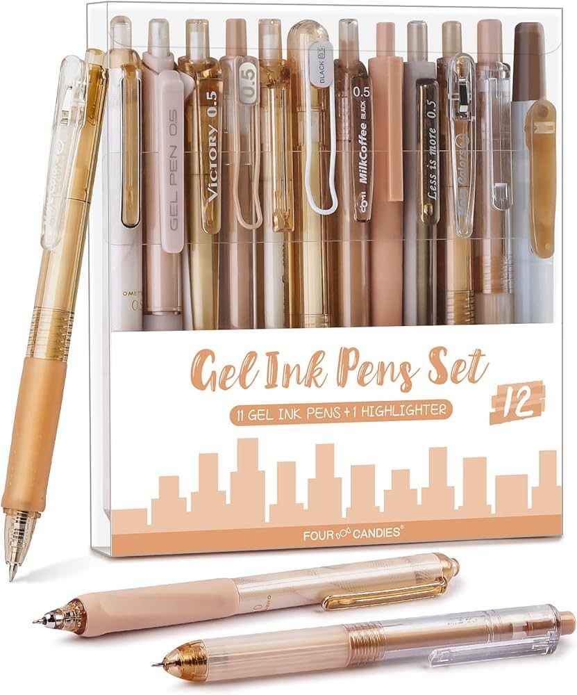 Four Candies 12Pack Pastel Gel Ink Pen Set, 11 Pack Black Ink Pens with 1Pack Highlighter for Writing, Retractable 0.5mm Fine Point Note Taking Pens for School Office (Brown) | Amazon (US)