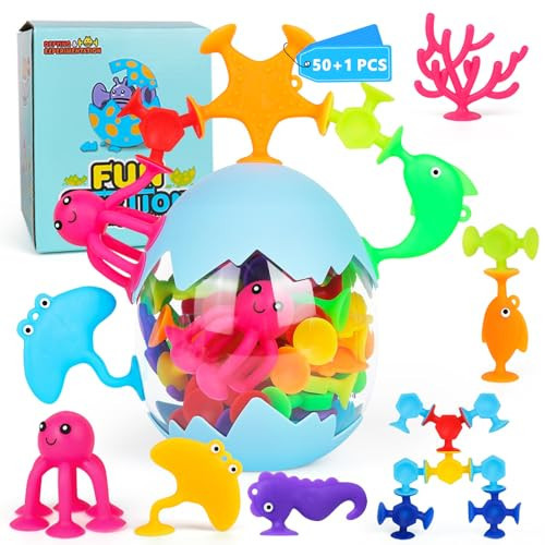 50 Pieces Suction Bath Toys for Kids Age 3+, Baby Silicone Ocean Animal Sucker Toys with Dinosaur Eggshell, Sensory Travel Window Toys for Toddlers, Stress Release Gifts for Boys Girls Ages 4-8 | Amazon (US)