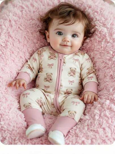 Newborn Baby Girl Cute Knitted Colorblock Cartoon Bear Pattern Long Sleeve Romper Pajamas | SHEIN