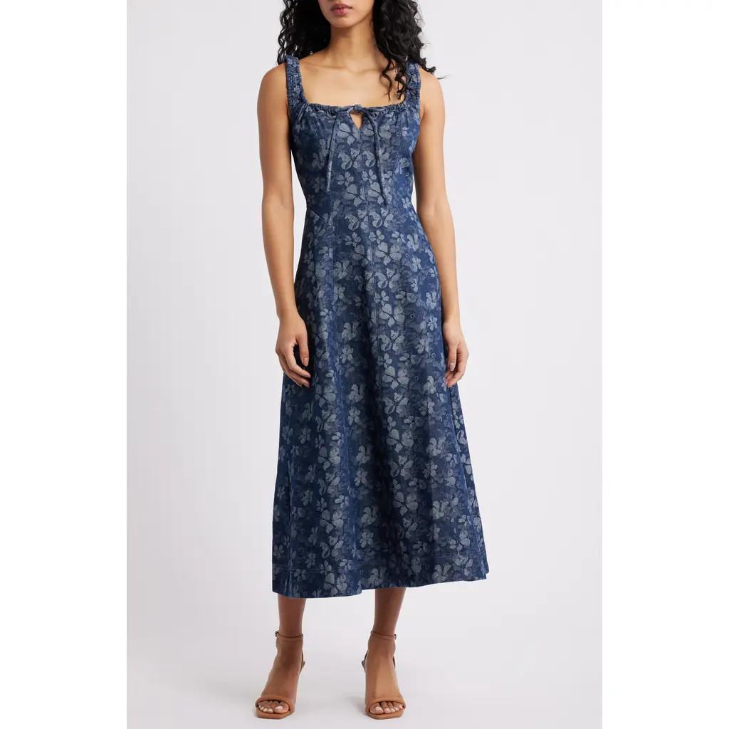 MOON RIVER Floral Denim Midi Dress in Indigo at Nordstrom Rack, Size X-Large | Nordstrom Rack