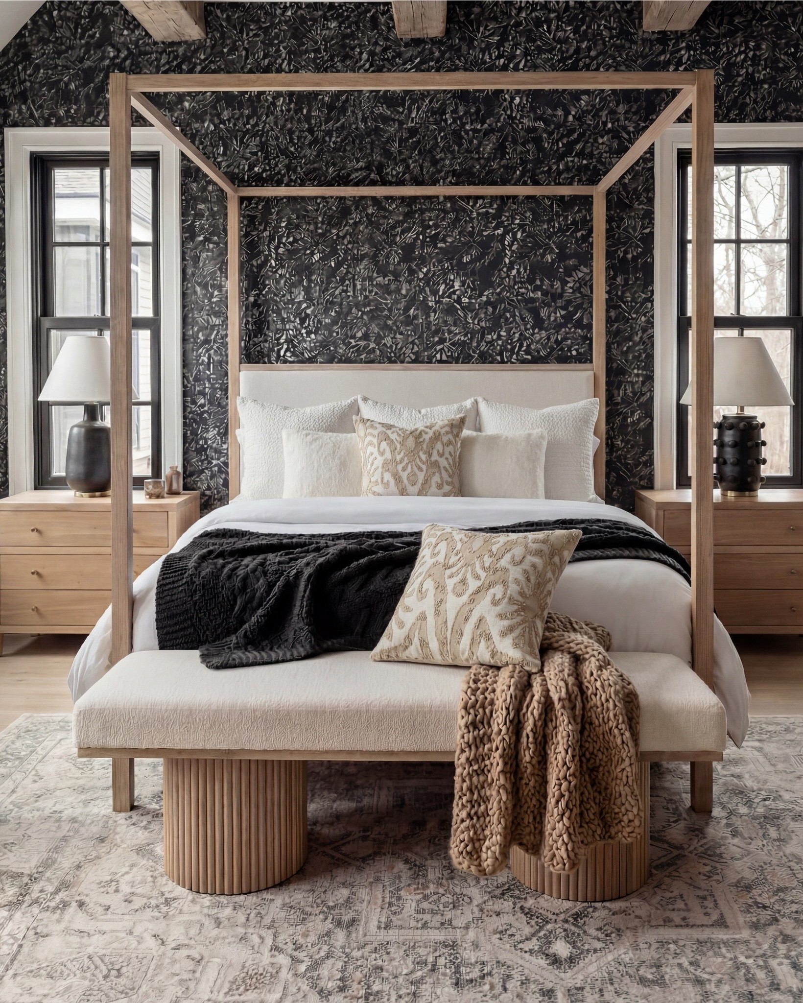 Bedroom Refresh : Shop The Look.
• Canopy bed frame in light oak
• Upholstered headboard bed
• Charcoal botanical wallpaper
• Oak bedroom nightstands
• Neutral area rug for bedroom
• Fluted leg upholstered bench
• Ceramic bedside table lamps
• Cozy chunky knit throw blanket
• Black woven throw blanket
• Natural wood ceiling beams decor
• Modern home decor accents
• Neutral bedroom decor accessories

#LTKhome #LTKsale #LTKstyletip