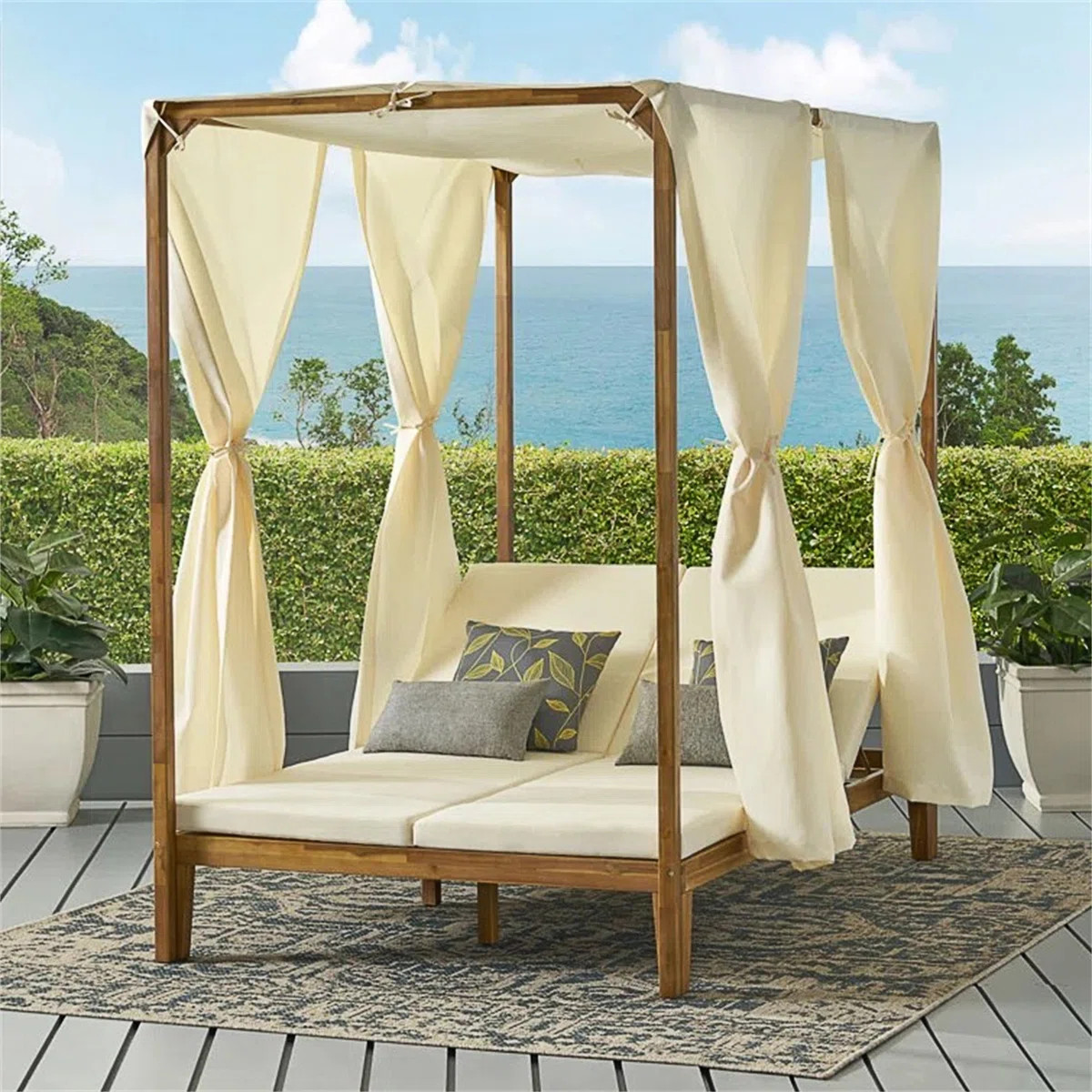 Nordwyn Modern Coastal Acacia Wood Outdoor Daybed with Adjustable Chaise Lounges, Slatted Frame, Curtains, and Water-Repellent Cushions | Wayfair North America